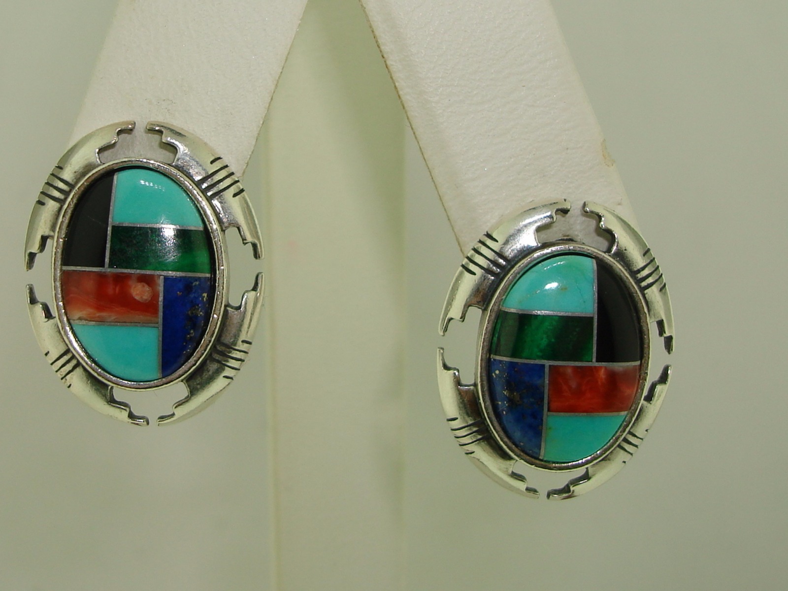 NATIVE AMERICAN SIGNED C J STERLING SILVER MULTI STONE INLAID EARRINGS ...
