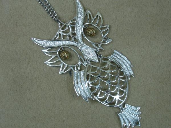 VINTAGE LARGE SILVER FILIGREE ARTICULATED OWL PENDANT NECKLACE ...