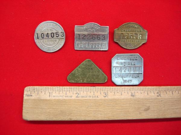 VINTAGE CHAUFFEUR BADGES - INDIANA - 5 DIFF. YRS. -INTERESTING OLD ...